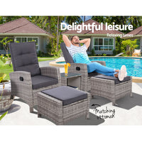 Thumbnail for Gardeon Outdoor Patio Furniture Recliner Chairs Table Setting Wicker Lounge 5pc Grey