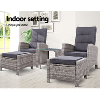 Thumbnail for Gardeon Outdoor Patio Furniture Recliner Chairs Table Setting Wicker Lounge 5pc Grey