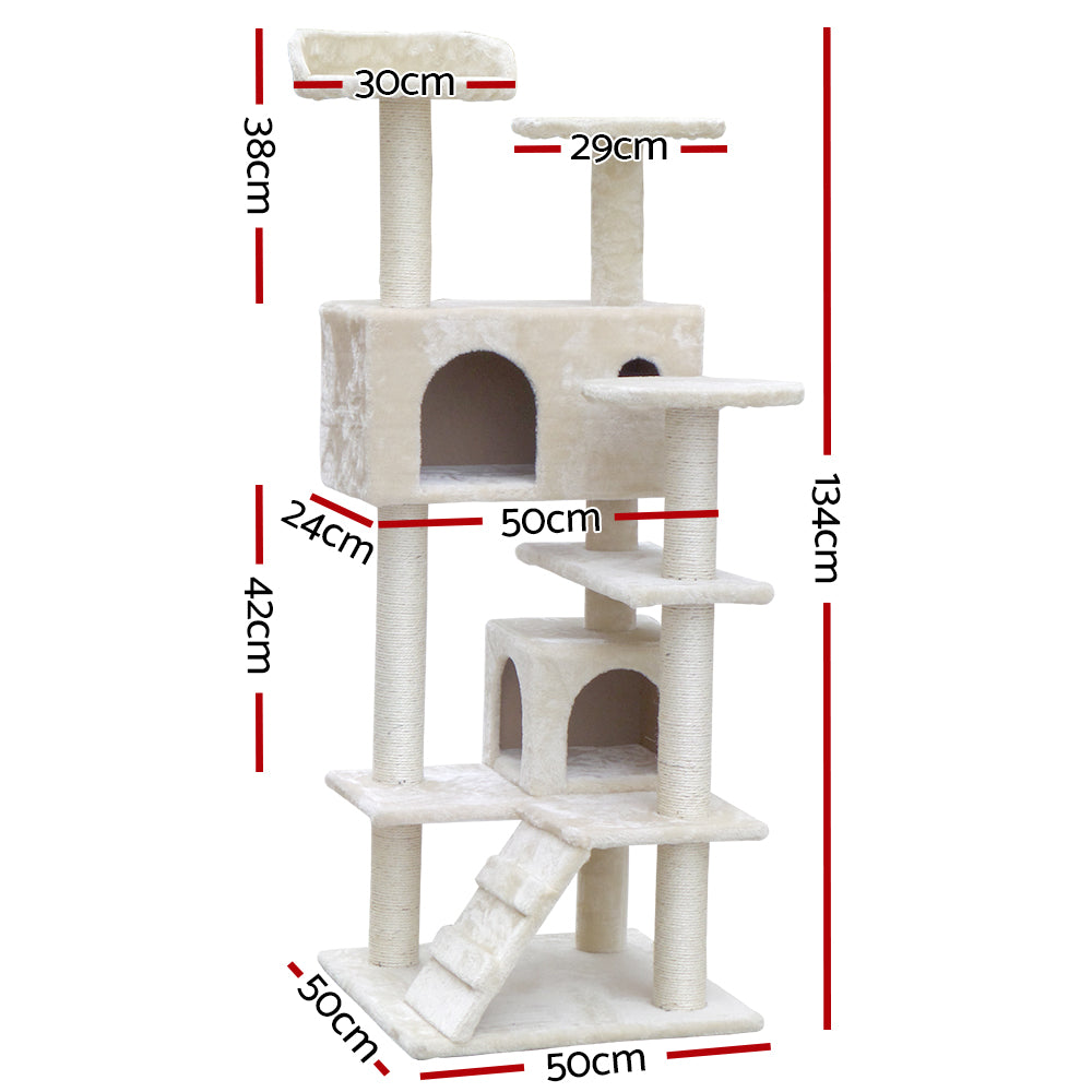 i.Pet 134cm Beige Wooden Cat Tree - Premium Scratching Post, Tower & Condo House Lounge for Felines