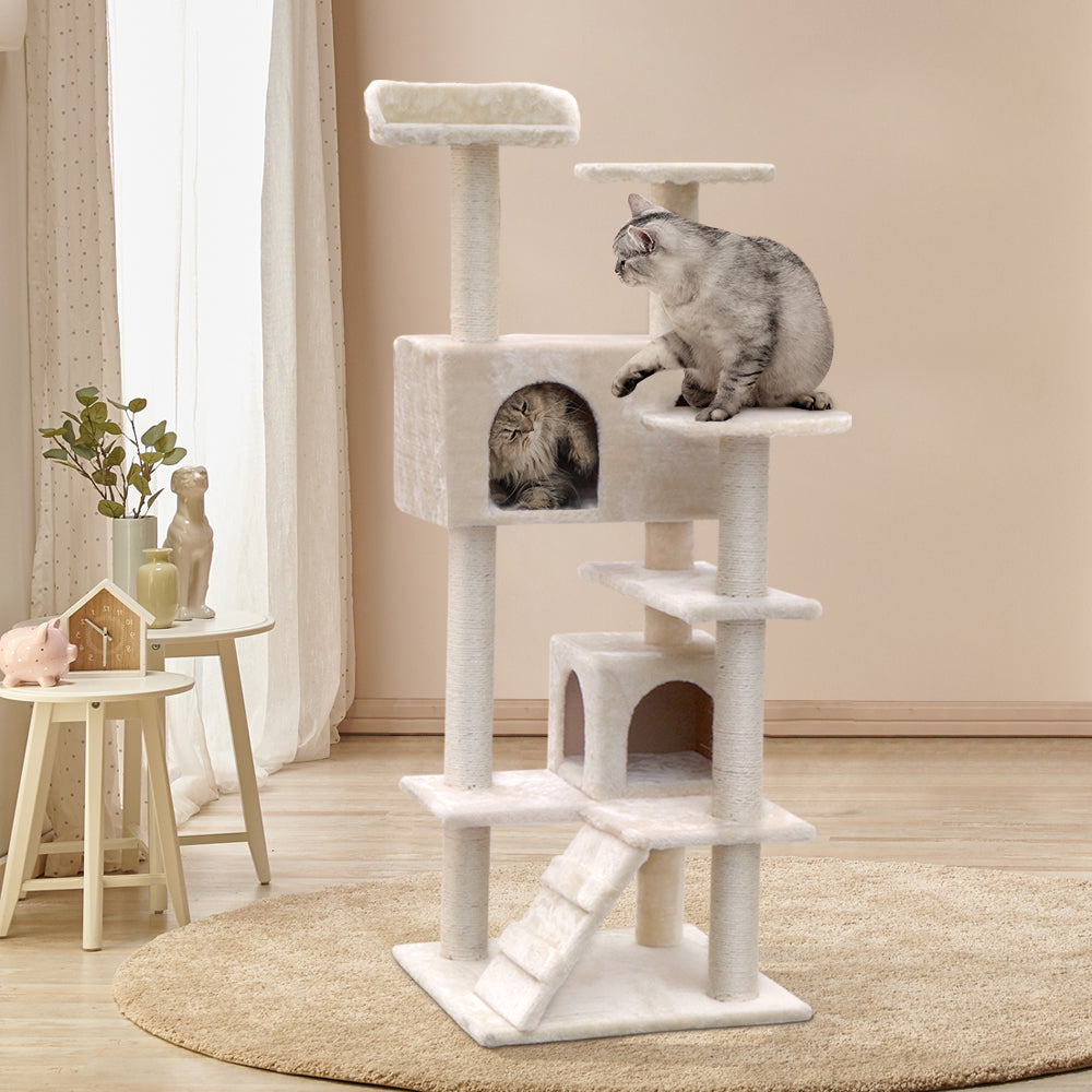 i.Pet 134cm Beige Wooden Cat Tree - Premium Scratching Post, Tower & Condo House Lounge for Felines