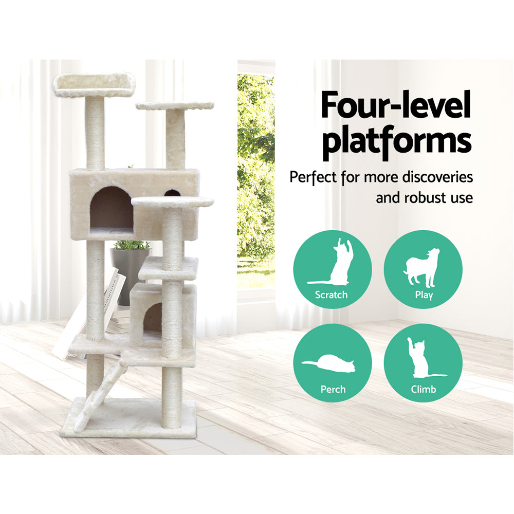 i.Pet 134cm Beige Wooden Cat Tree - Premium Scratching Post, Tower & Condo House Lounge for Felines