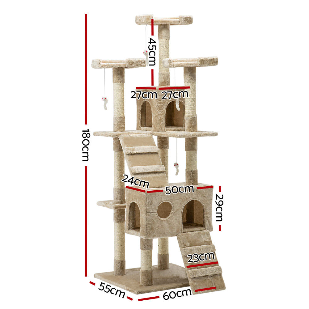 i.Pet 180cm Beige Wooden Cat Tree - Premium Scratching Post, Tower & Condo House Lounge for Cats