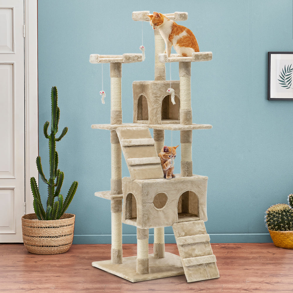 i.Pet 180cm Beige Wooden Cat Tree - Premium Scratching Post, Tower & Condo House Lounge for Cats