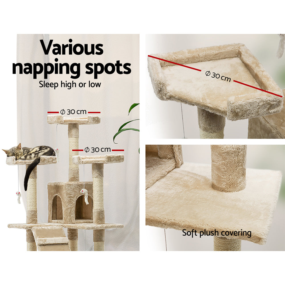 i.Pet 180cm Beige Wooden Cat Tree - Premium Scratching Post, Tower & Condo House Lounge for Cats