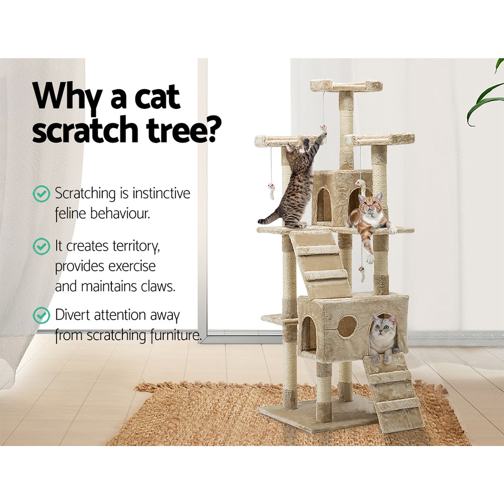 i.Pet 180cm Beige Wooden Cat Tree - Premium Scratching Post, Tower & Condo House Lounge for Cats