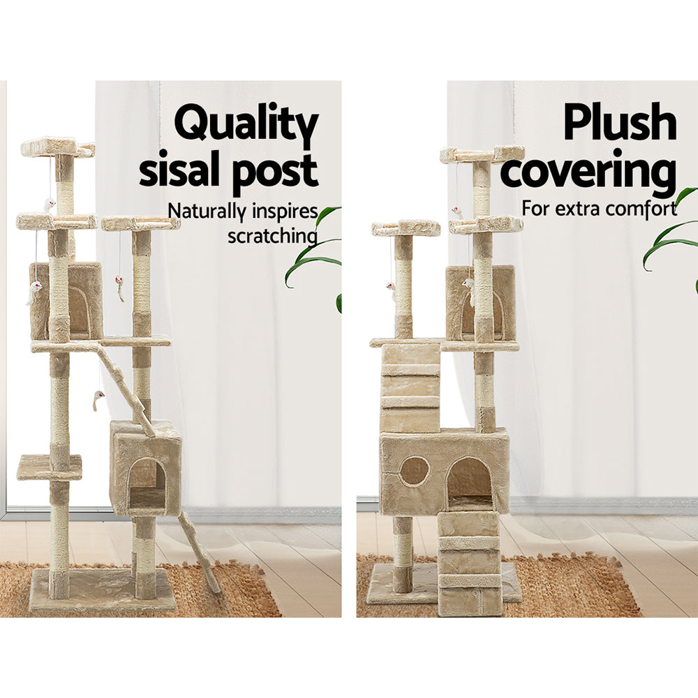 i.Pet 180cm Beige Wooden Cat Tree - Premium Scratching Post, Tower & Condo House Lounge for Cats