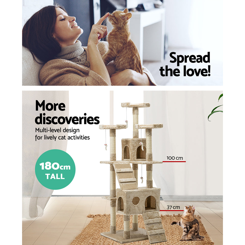 i.Pet 180cm Beige Wooden Cat Tree - Premium Scratching Post, Tower & Condo House Lounge for Cats