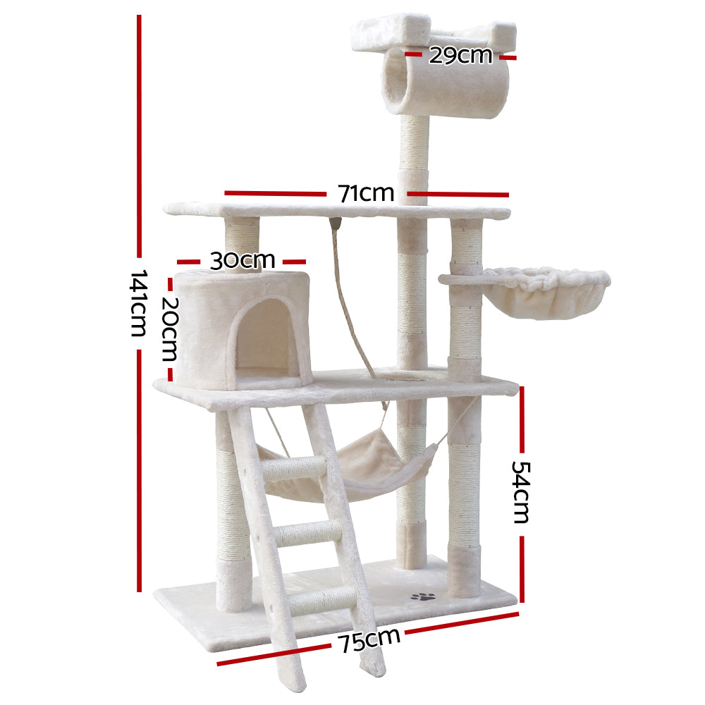 i.Pet 141cm Beige Wooden Cat Tree - Deluxe Scratching Post, Tower & Condo House Lounge for Felines