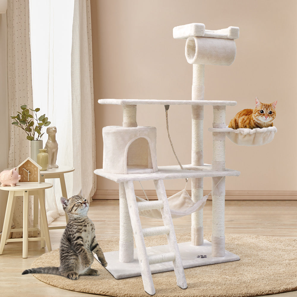 i.Pet 141cm Beige Wooden Cat Tree - Deluxe Scratching Post, Tower & Condo House Lounge for Felines