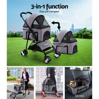 Thumbnail for i.Pet Pet Stroller Dog Carrier Foldable Pram 3 IN 1 Middle Size Grey