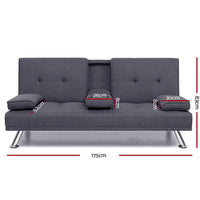 Thumbnail for Artiss Linen Fabric 3 Seater Sofa Bed Recliner Lounge Couch Cup Holder Futon Dark Grey