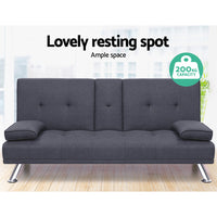 Thumbnail for Artiss Linen Fabric 3 Seater Sofa Bed Recliner Lounge Couch Cup Holder Futon Dark Grey