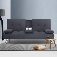 Thumbnail for Artiss Linen Fabric 3 Seater Sofa Bed Recliner Lounge Couch Cup Holder Futon Dark Grey