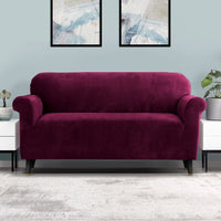 Thumbnail for Artiss Velvet Sofa Cover Plush Couch Cover Lounge Slipcover 3 Seater Ruby Red