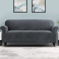 Thumbnail for Artiss Velvet Sofa Cover Plush Couch Cover Lounge Slipcover 4 Seater Grey