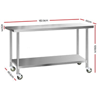 Thumbnail for Cefito 430 Stainless Steel Kitchen Benches Work Bench Food Prep Table with Wheels 1829MM x 610MM