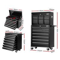 Thumbnail for Giantz Tool Chest and Trolley Box Cabinet 16 Drawers Cart Garage Storage Black