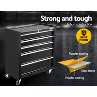 Thumbnail for Giantz 5 Drawer Mechanic Tool Box Cabinet Storage Trolley - Black