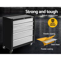 Thumbnail for Giantz 5 Drawer Mechanic Tool Box Cabinet Storage Trolley - Black & Grey