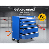 Thumbnail for Giantz 5 Drawer Mechanic Tool Box Cabinet Storage Trolley - Blue