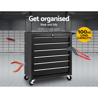 Thumbnail for Giantz Tool Box Trolley Chest Cabinet 6 Drawers Cart Garage Toolbox Set Black