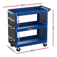 Thumbnail for Giantz 3-Tier Tool Trolley Cart Workshop Wheels Mobile Work Mechanic Storage Blue