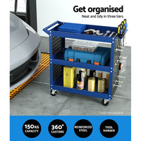 Thumbnail for Giantz 3-Tier Tool Trolley Cart Workshop Wheels Mobile Work Mechanic Storage Blue