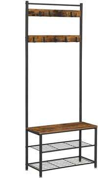 Thumbnail for Rustic Brown Coat Rack Stand with Hallway Shoe Rack and Bench with Shelves Matte Metal Frame Height 175 cm