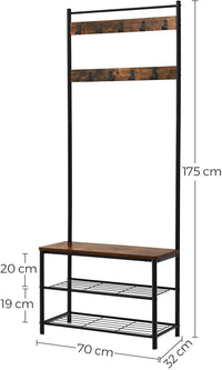 Thumbnail for Rustic Brown Coat Rack Stand with Hallway Shoe Rack and Bench with Shelves Matte Metal Frame Height 175 cm