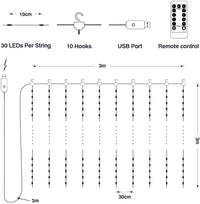 Thumbnail for LED String Lights Curtain for Bedroom Wall Party, 8 Modes, USB Powered and IP64 Waterproof (3m x 3m)