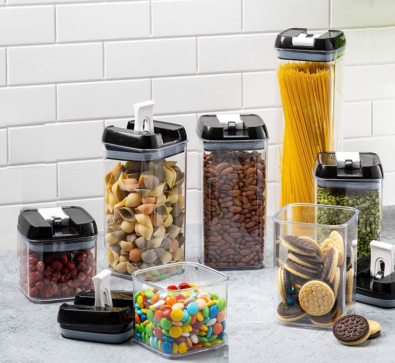 7 Pieces Airtight Food Storage and BPA Free Plastic with Easy Lock Black Lids Labels for Kitchen