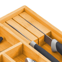 Thumbnail for Large Capacity Bamboo Expandable Drawer Organizer with Knife Block Holder for Home Kitchen Utensils