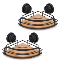 Thumbnail for 2 Pack Round Bamboo Corner Shower Caddy Shelf Basket Rack with Premium Vacuum Suction Cup No-Drilling for Bathroom and Kitchen