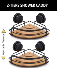 Thumbnail for 2 Pack Round Bamboo Corner Shower Caddy Shelf Basket Rack with Premium Vacuum Suction Cup No-Drilling for Bathroom and Kitchen