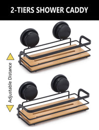 Thumbnail for 2 Pack Rectangular Bamboo Corner Shower Caddy Shelf Basket Rack with Premium Vacuum Suction Cup No-Drilling for Bathroom and Kitchen