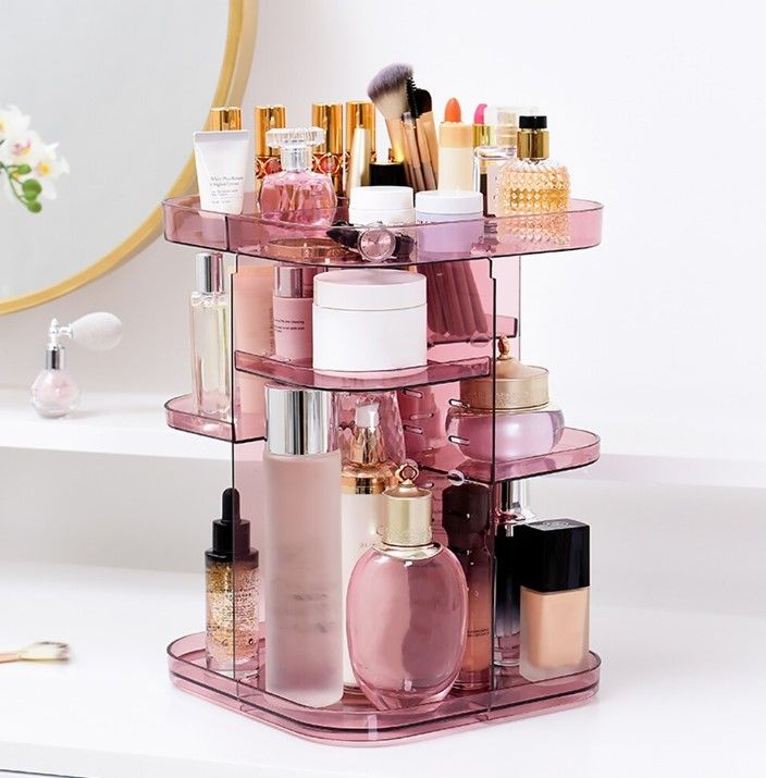 360 Rotating Large Capacity Makeup Organizer for Bedroom and Bathroom (Pink)