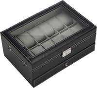 Thumbnail for Black Leather Watch Box Jewelry Display Case with Drawers (12 Slots with 2 Layers)