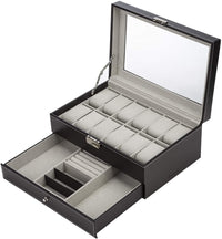 Thumbnail for Black Leather Watch Box Jewelry Display Case with Drawers (12 Slots with 2 Layers)