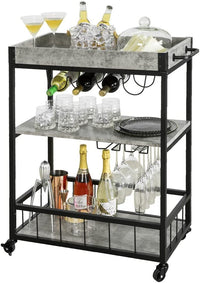 Thumbnail for Industrial Vintage Style Wood Metal 3 Tiers Kitchen Serving Trolley with Wine Rack (Grey)