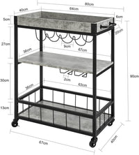 Thumbnail for Industrial Vintage Style Wood Metal 3 Tiers Kitchen Serving Trolley with Wine Rack (Grey)