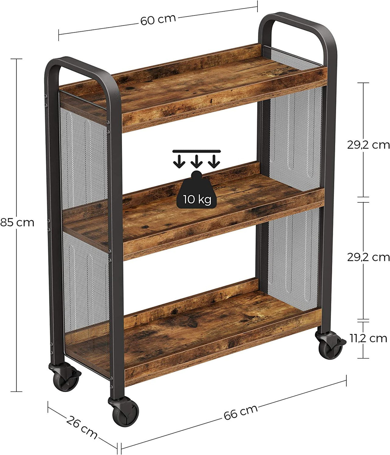 Rustic Brown Kitchen Trolley Rolling Cart with Steel Structure (66 x 26 x 85 cm)