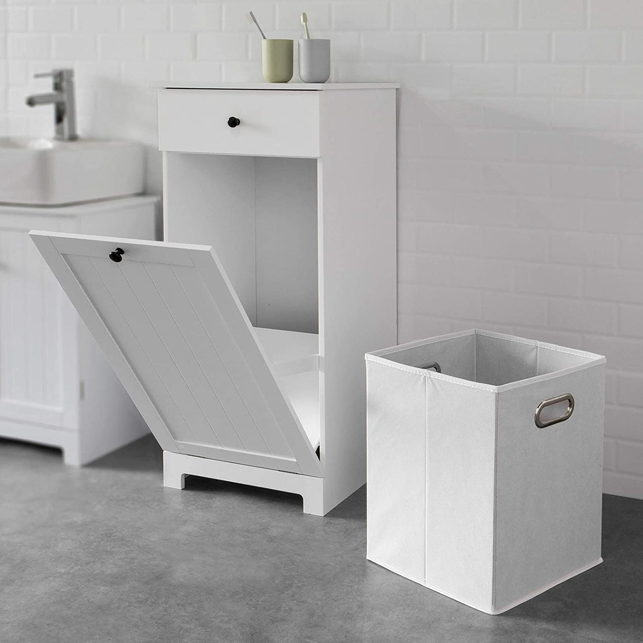 White Bathroom Cabinet with Laundry Basket and Drawer