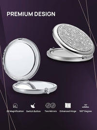 Thumbnail for Mini Small Diamond 1X/2X Magnifying Round Metal Pocket Makeup Mirror (Silver)