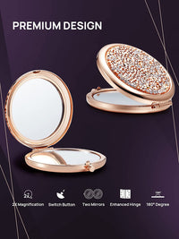 Thumbnail for Mini Mix Diamond 1X/2X Magnifying Round Metal Pocket Makeup Mirror (Gose Gold)