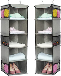 Thumbnail for 2 Pack 5 Foldable Shelf Hanging Closet Organizer Space Saver with Side Accessories Pockets for Clothes Storage