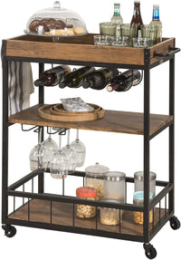 Thumbnail for Industrial Vintage Style Wood Metal 3 Tiers Kitchen Serving Trolley with Wine Rack (Brown)