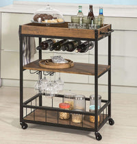 Thumbnail for Industrial Vintage Style Wood Metal 3 Tiers Kitchen Serving Trolley with Wine Rack (Brown)