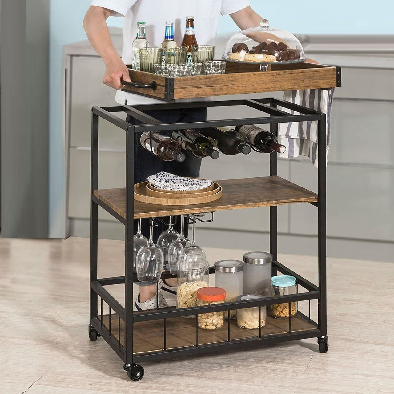 Industrial Vintage Style Wood Metal 3 Tiers Kitchen Serving Trolley with Wine Rack (Brown)