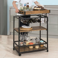 Thumbnail for Industrial Vintage Style Wood Metal 3 Tiers Kitchen Serving Trolley with Wine Rack (Brown)