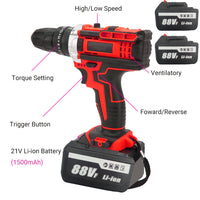 Thumbnail for Cordless Drill w/2 Battery Heavy Duty Impact Driver Kit Brushless Hammer Set 88V